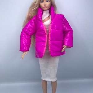 Dolls clothes hot pink puffer winter coat  jacket. Fits curvy doll poppy Parker fashion royalty