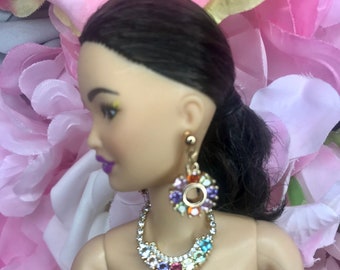 Stunning and elegant Dolls 2pc jewellery set rainbow colours diamanté on gold chain quality dolls jewellery dolls necklace dolls earrings