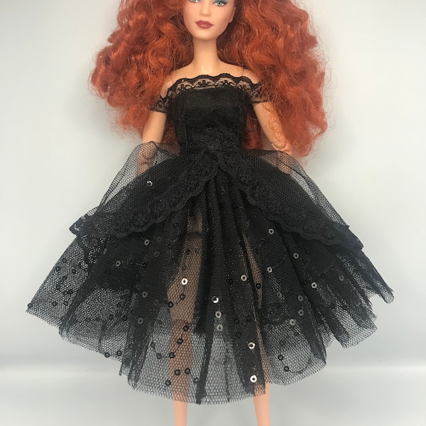 Dolls black elegant cocktail dress lace and sequins with shoes