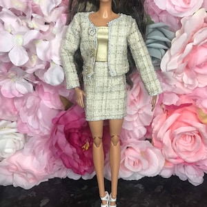 Beige/cream dolls tweed 4pc suit. Dolls skirt doll blazer jacket. Dolls skirt suit set 12inch dolls work wear dolls gold tube top with shoes