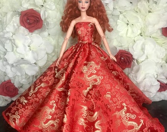 Red and gold Chinese pattern dolls gown wedding gown prom dress bridal dress evening gown ballgown dress