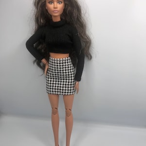 Dolls bundle of clothes. Full outfit black cropped thin jumper and short black and white skirt with black shoes