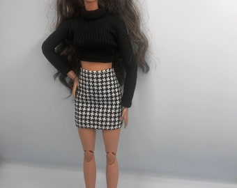 Dolls bundle of clothes. Full outfit black cropped thin jumper and short black and white skirt with black shoes