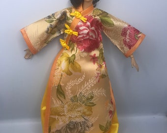 Yellow floral  dolls Chinese Cheongsam robe with dress floral dolls clothes 30cm dolls outfit dressing gown for doll
