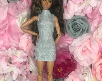 Dolls sparkly silver glitter Christmas party dress. Dolls mini dress. Dolls shoes