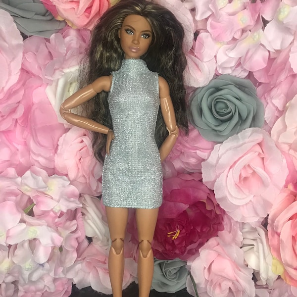 Dolls sparkly silver glitter Christmas party dress. Dolls mini dress. Dolls shoes