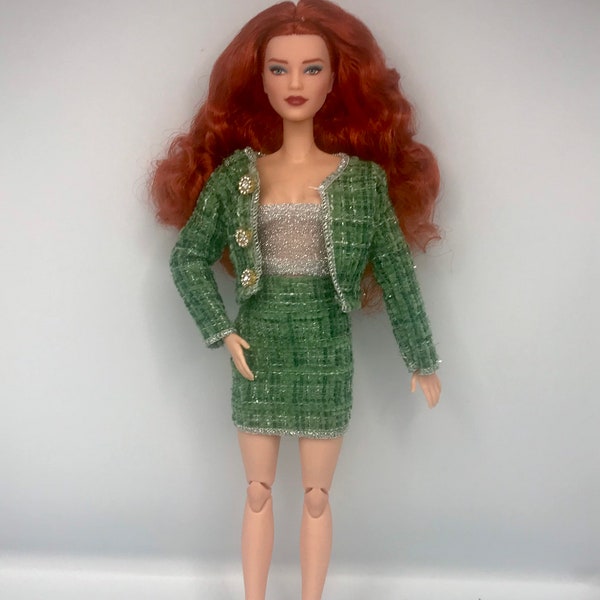 Green/silver slightly sparkly dolls tweed 4pc suit. Dolls skirt doll blazer jacket dolls tube Dolls skirt suit set 12inch dolls work wear