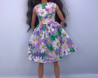 Dolls purple and green floral summer dress. Dolls tea dress dolls shoes dolls floral dress