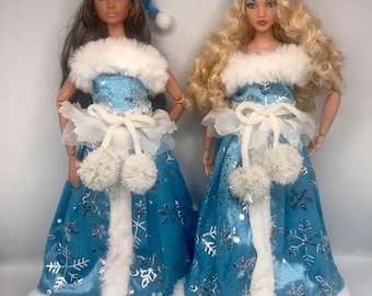 人形の青と銀のクリスマス衣装人形クリスマスドレスショール帽子と人形の衣装