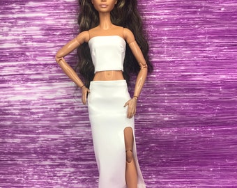 Dolls white wet look tube top. Wet look white spilt skirt shoes  full outfit and accessories