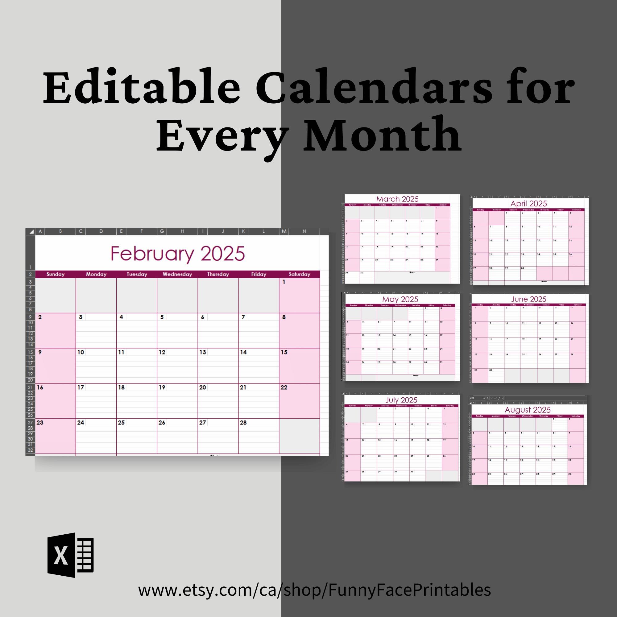 2025 Monthly Calendar Template, Excel Monthly Calendar Template