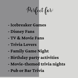 Pode incluir: Gr&aacute;fico com o texto "Perfect for:" seguido de uma lista de atividades, incluindo "Icebreaker Games", "Disney Fans" e "Trivia Lovers". O fundo &eacute; dividido em dois tons de cinza.