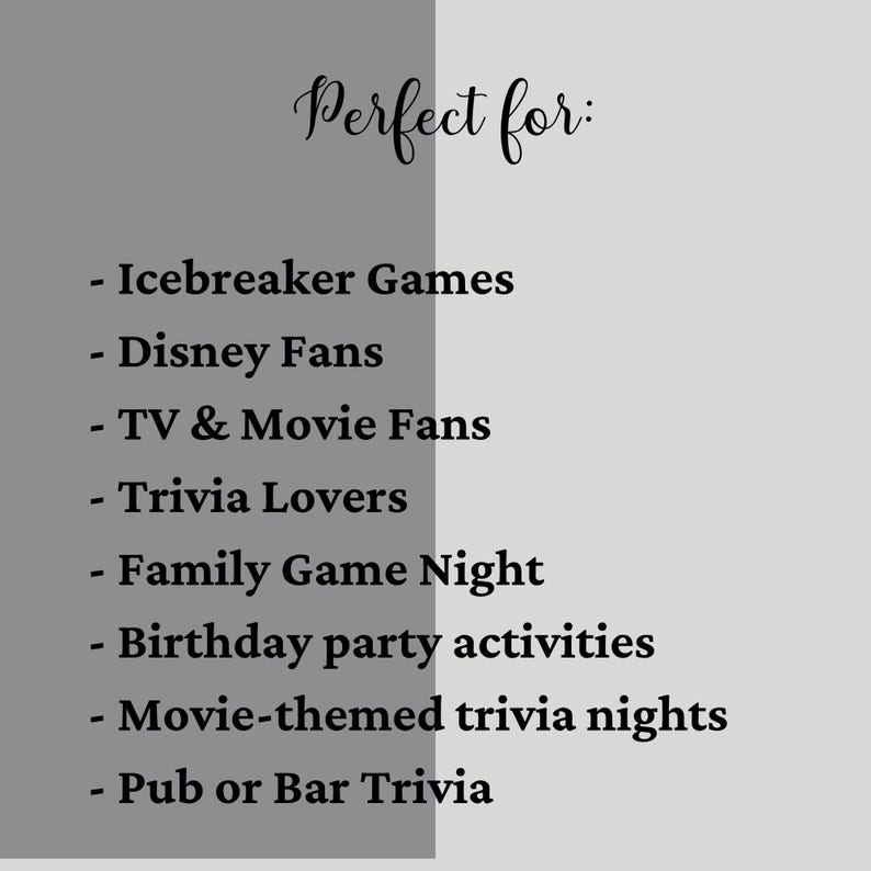 Pode incluir: Gr&aacute;fico com o texto "Perfect for:" seguido de uma lista de atividades, incluindo "Icebreaker Games", "Disney Fans" e "Trivia Lovers". O fundo &eacute; dividido em dois tons de cinza.