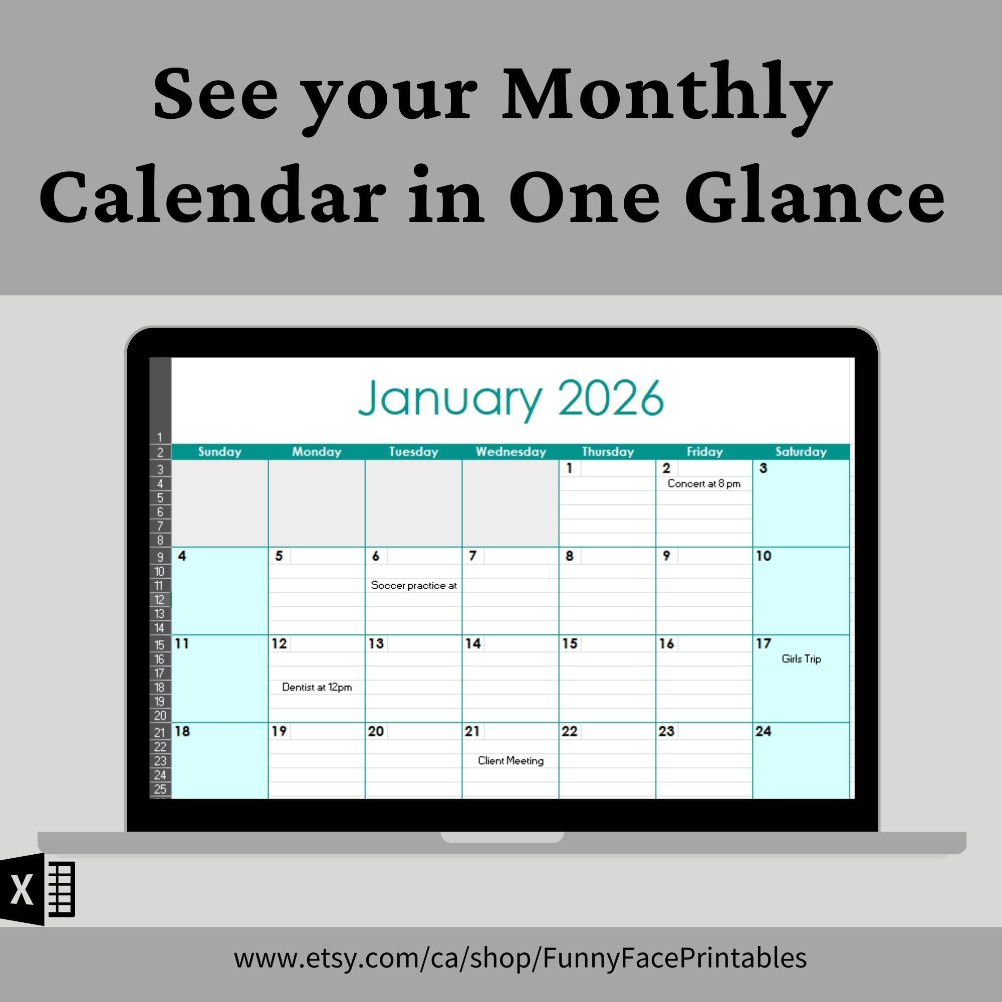 2026 Monthly Calendar Excel Template: Editable Planner (digital ...