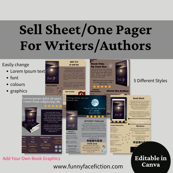 Canva Sell Sheet for Authors, Canva One Pager for Authors, Press Kit One Page Template, Book Author Sell Sheet, Book Publicity Template