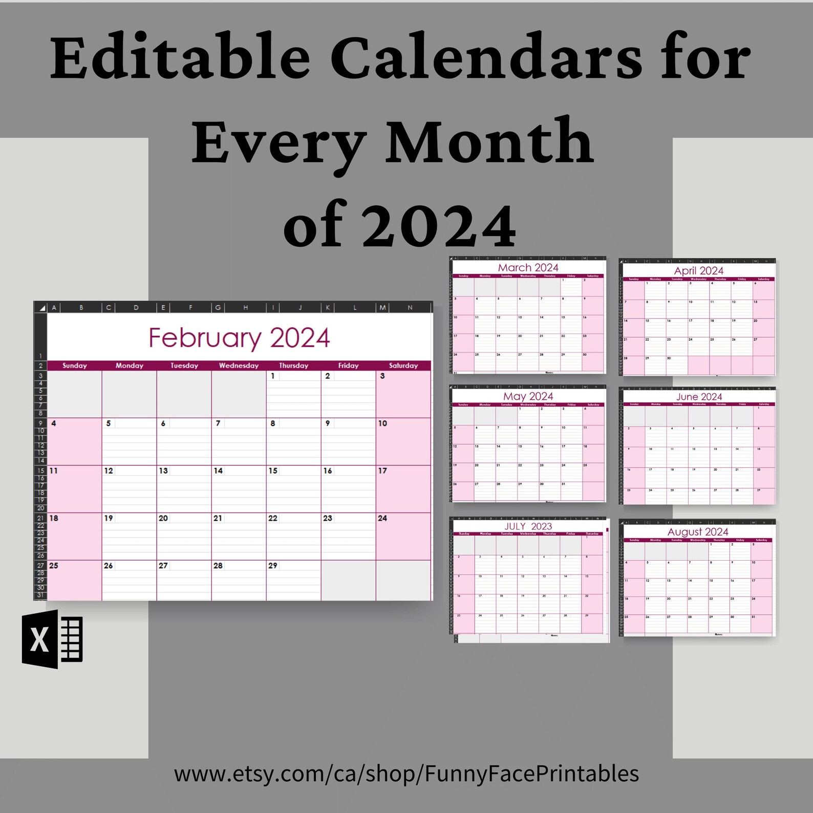 2024 Monthly Calendar Template Excel Monthly Calendar Template Etsy