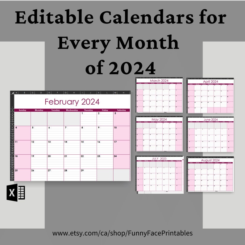 2024 Monthly Calendar Template Excel Monthly Calendar Template Etsy