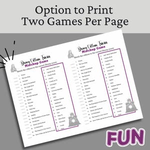 Pode incluir: Uma folha imprim&iacute;vel branca com dois jogos de combina&ccedil;&atilde;o de trivia de vil&otilde;es da Disney. O texto diz "Op&ccedil;&atilde;o para imprimir dois jogos por p&aacute;gina" e "Combine os vil&otilde;es com o filme Disney correto". Um gr&aacute;fico roxo "FUN" est&aacute; no canto inferior direito.