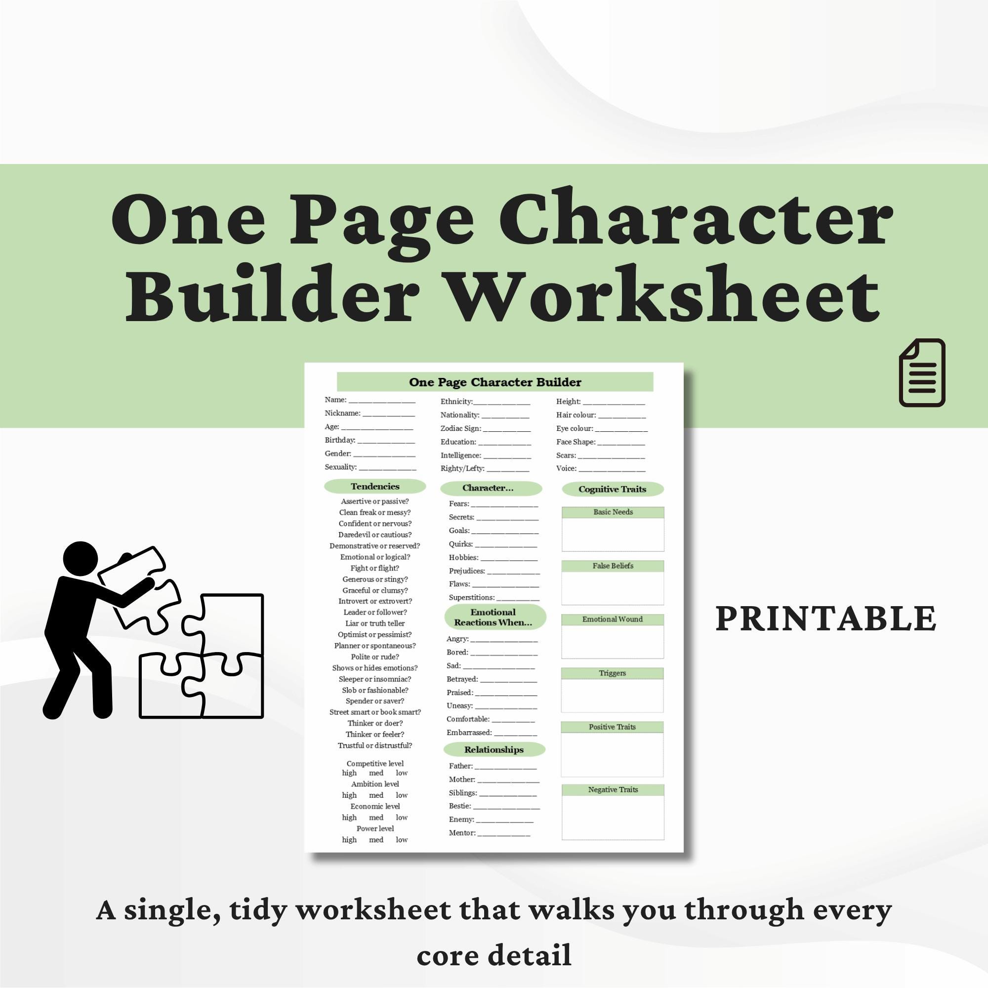 Character Builder Worksheet: One Page Fiction Character Template (PDF ...