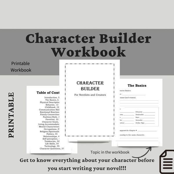 Character Builder Workbook, Printable Character Profile Template, Character Development Sheet, Creating a Character Worksheet, Writing Tips