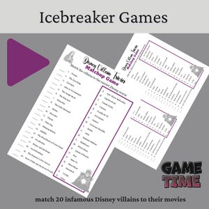 Pode incluir: Duas folhas de jogo impressas com o texto "Disney Villain Trivia Matchup Game" s&atilde;o exibidas. O jogo desafia os jogadores a combinar 20 vil&otilde;es da Disney com seus filmes. As palavras "Icebreaker Games" e "Game Time" tamb&eacute;m s&atilde;o vis&iacute;veis.