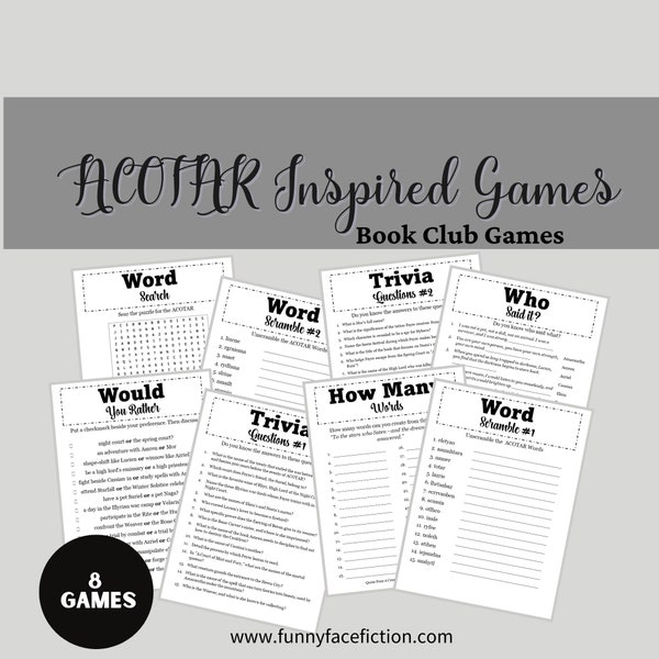 Book Club Games, ACOTAR Inspired Games, Printable Book Club Game Bundle, Printable Party Games, 8 Game Bundle, Book Club Activities