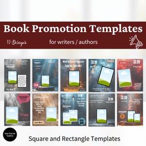 May include: A digital collection of 10 book promotion templates for writers and authors, featuring square and rectangle layouts. The graphic displays various promotional designs with placeholders for book covers, Amazon branding, and text elements.