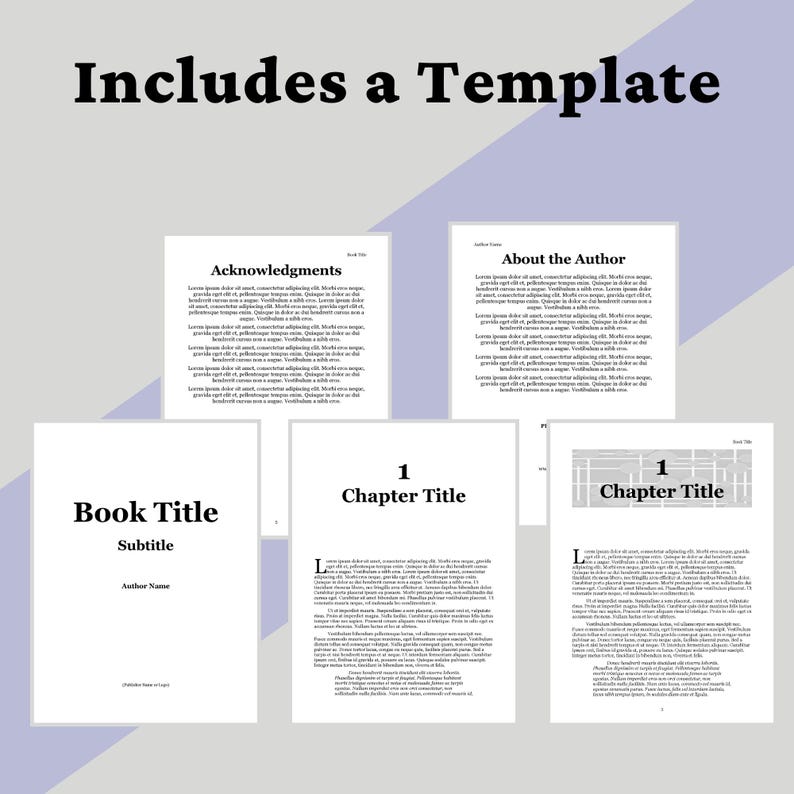 K&ouml;nnte beinhalten: Bild einer Buchvorlage mit dem Text "Includes a Template" oben. Die Vorlage enth&auml;lt Seiten f&uuml;r den Buchtitel, Kapitel&uuml;berschriften, Danksagungen und Autoreninformationen. Die Seiten sind wei&szlig; mit schwarzem Text.