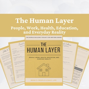 Op de afbeelding: Een gele boekomslag met de titel "The Human Layer" en de ondertitel "People, Work, Health, Education, and Everyday Reality". Het boek heeft zwarte tekst en een icoon van een huis. Er zijn meerdere werkbladen zichtbaar.