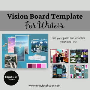 Plantillas de tableros de visión de Canva, plantillas de tableros de estado de ánimo de Canva, plantillas de tableros de visión, ideas de tableros de visión de Canva, Dra & Drop, plantilla para escritores