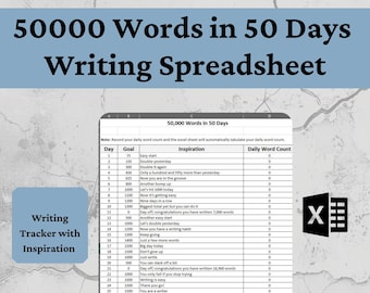Novel Writing Tracker: 50,000 Word Goal Excel Spreadsheet (Digital Download)