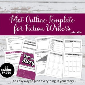 May include: A printable plot outline template for fiction writers featuring 63 unique pages. The collection includes white sheets with black text for premise, scene cards, pacing, storyboards, and world building, plus a purple workbook cover.