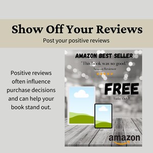 May include: An advertisement promoting positive book reviews. The text reads "Show Off Your Reviews" and "Amazon Best Seller." The image includes a book cover and tablet with a "FREE" offer.