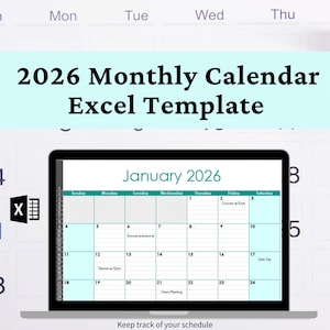 May include: A laptop displays a 2026 monthly calendar template in Excel. The calendar shows the month of January with dates and space for scheduling appointments. The text "2026 Monthly Calendar Excel Template" is at the top. The image also includes the Excel logo.