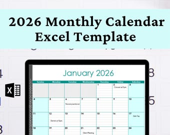 2026 Monthly Calendar Excel Template: Editable Planner (Digital Download)