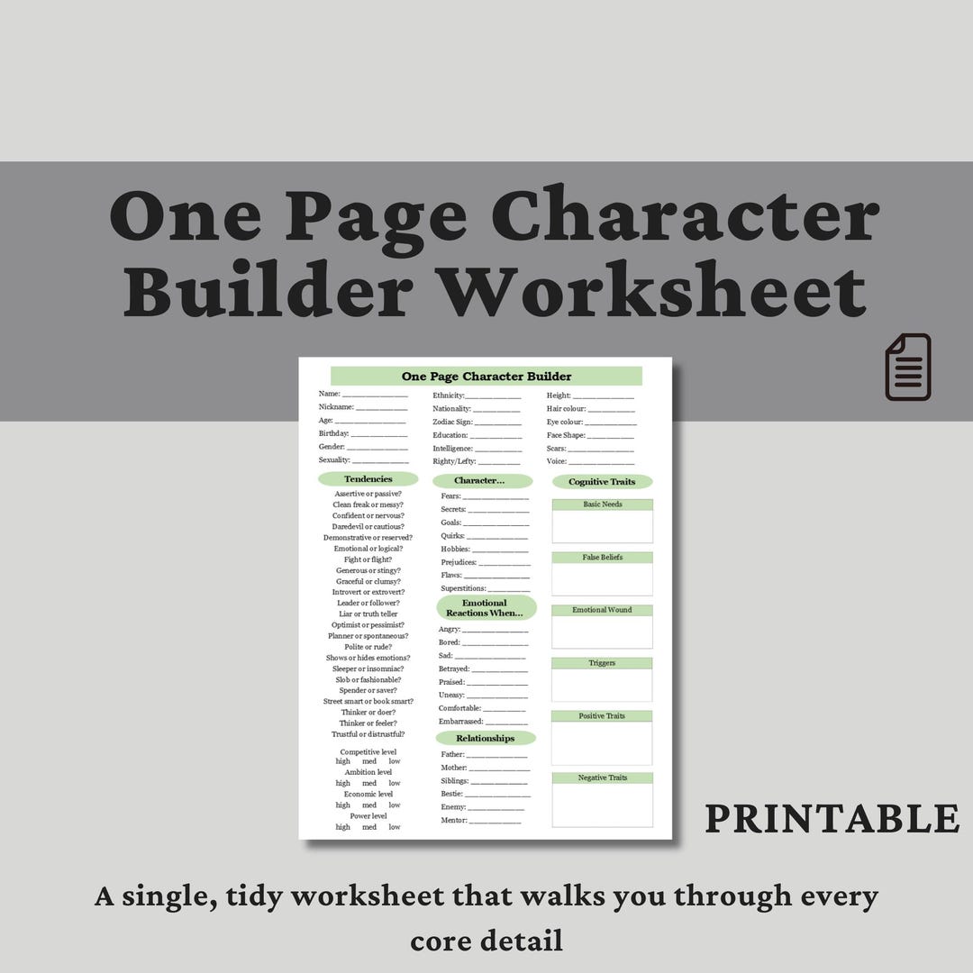 Character Builder Worksheet: One Page Character Template (PDF) - Etsy ...
