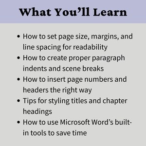 K&ouml;nnte beinhalten: Hellgraue Grafik mit dem Titel "What You'll Learn" in fettgedrucktem, dunklem Text. Aufz&auml;hlungspunkte beschreiben, wie man die Seitengr&ouml;&szlig;e einstellt, Einz&uuml;ge erstellt, Seitenzahlen einf&uuml;gt und Microsoft Word-Tools verwendet.