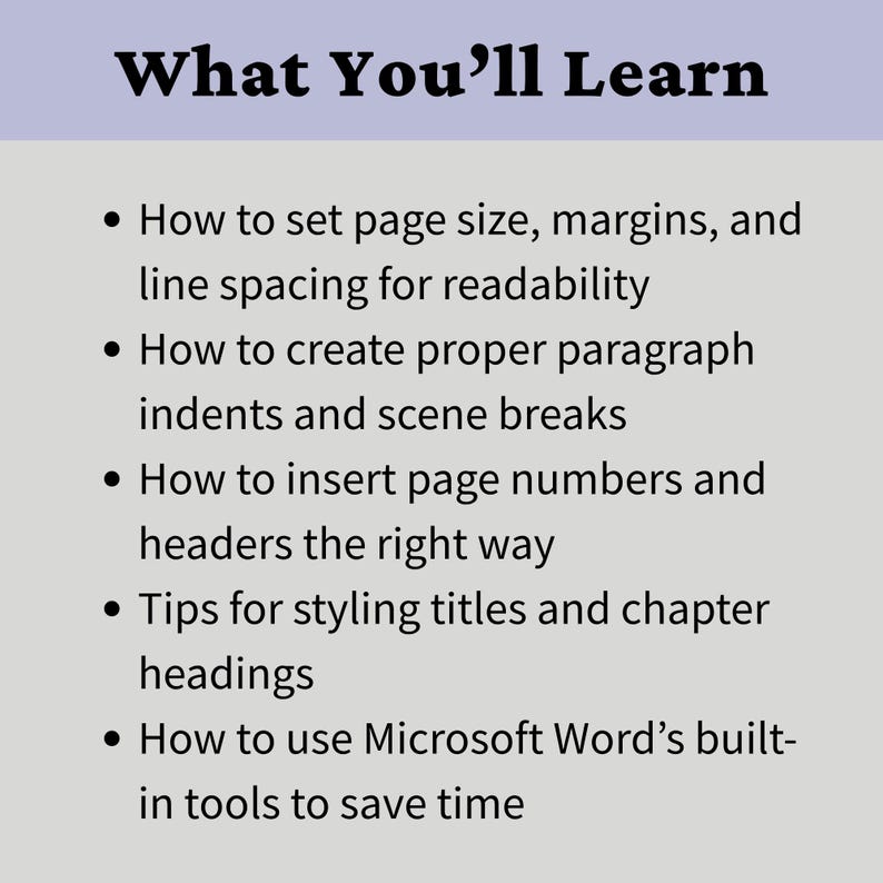 K&ouml;nnte beinhalten: Hellgraue Grafik mit dem Titel "What You'll Learn" in fettgedrucktem, dunklem Text. Aufz&auml;hlungspunkte beschreiben, wie man die Seitengr&ouml;&szlig;e einstellt, Einz&uuml;ge erstellt, Seitenzahlen einf&uuml;gt und Microsoft Word-Tools verwendet.