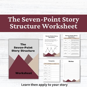 May include: A Seven-Point Story Structure worksheet set featuring a cover page, an instructional guide, a reference table, a blank template, and a notes page. The documents display maroon and beige mountain graphics with black text throughout.
