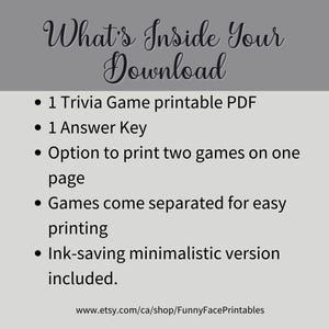 Pode incluir: Gr&aacute;fico de download digital com o texto "What's Inside Your Download". A imagem lista o conte&uacute;do: um PDF do jogo de perguntas, uma chave de resposta, a op&ccedil;&atilde;o de imprimir dois jogos por p&aacute;gina, impress&atilde;o f&aacute;cil e uma vers&atilde;o que economiza tinta.