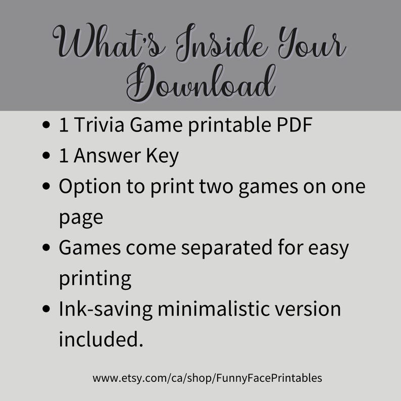 Pode incluir: Gr&aacute;fico de download digital com o texto "What's Inside Your Download". A imagem lista o conte&uacute;do: um PDF do jogo de perguntas, uma chave de resposta, a op&ccedil;&atilde;o de imprimir dois jogos por p&aacute;gina, impress&atilde;o f&aacute;cil e uma vers&atilde;o que economiza tinta.