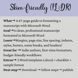 K&ouml;nnte beinhalten: Ein Leitfaden mit dem Titel "Skim-friendly (FL:DR)" auf hellviolettem Hintergrund. Der Leitfaden behandelt die Formatierung von Manuskripten in Microsoft Word, einschlie&szlig;lich R&auml;ndern, Seitengr&ouml;&szlig;e und Stilen. Er enth&auml;lt zwei Word-Vorlagen, eine Checkliste und ein Beispielformat.