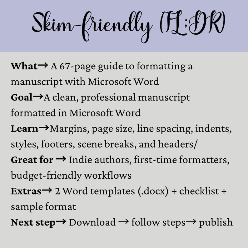 K&ouml;nnte beinhalten: Ein Leitfaden mit dem Titel "Skim-friendly (FL:DR)" auf hellviolettem Hintergrund. Der Leitfaden behandelt die Formatierung von Manuskripten in Microsoft Word, einschlie&szlig;lich R&auml;ndern, Seitengr&ouml;&szlig;e und Stilen. Er enth&auml;lt zwei Word-Vorlagen, eine Checkliste und ein Beispielformat.