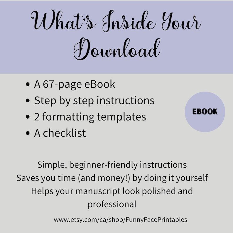 K&ouml;nnte beinhalten: Eine hellviolette Grafik mit dem Text "What's Inside Your Download". Das Bild listet ein 67-seitiges eBook, Schritt-f&uuml;r-Schritt-Anleitungen, zwei Formatvorlagen und eine Checkliste auf. Der Text gibt auch an, dass der Download f&uuml;r Anf&auml;nger geeignet ist.