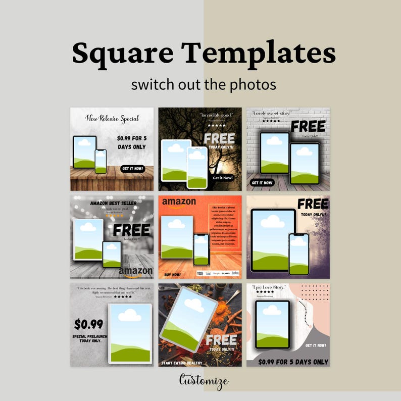 May include: A collection of nine square templates with various backgrounds, each featuring a tablet and smartphone mockup. Text includes "Square Templates," "switch out the photos," and promotional phrases like "FREE" and "$0.99 for 5 days only."