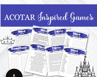 Pacote de jogos para clube de leitura inspirado em ACOTAR: perguntas e respostas, palavras embaralhadas e caça-palavras para imprimir (PDF)