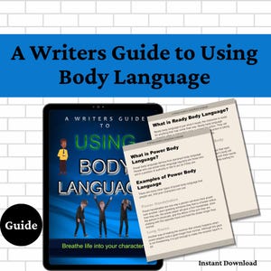 Può includere: Un tablet digitale che mostra una guida intitolata A Writers Guide to Using Body Language con personaggi dei cartoni animati, insieme a due pagine stampate che descrivono il linguaggio del corpo con esempi di testo.