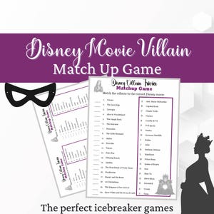 Pode incluir: Um jogo Disney Movie Villain Match Up, com uma m&aacute;scara preta e folhas de trivia. O jogo inclui uma lista de vil&otilde;es e filmes da Disney. O texto diz "The perfect icebreaker games."