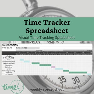 May include: A digital time tracker spreadsheet template featuring a grid with hourly columns and rows for daily tasks like yoga, meetings, and client work. The layout includes a starting date of October 1, 2022, with color-coded blocks for time management.