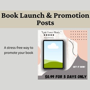 May include: A promotional graphic for book launch posts. The image features a tablet with a cloud and green landscape, a review quote, and the text "Book Launch & Promotion Posts." The text "A stress-free way to promote your book" is also included.